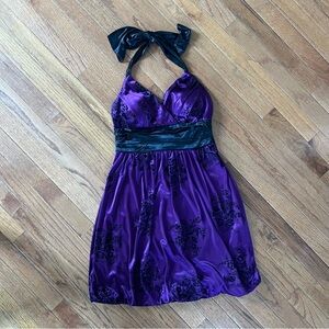 Vintage Trixxi Purple Black Metallic Halter Bubble Hem Dress 90’s Y2K M HOCO